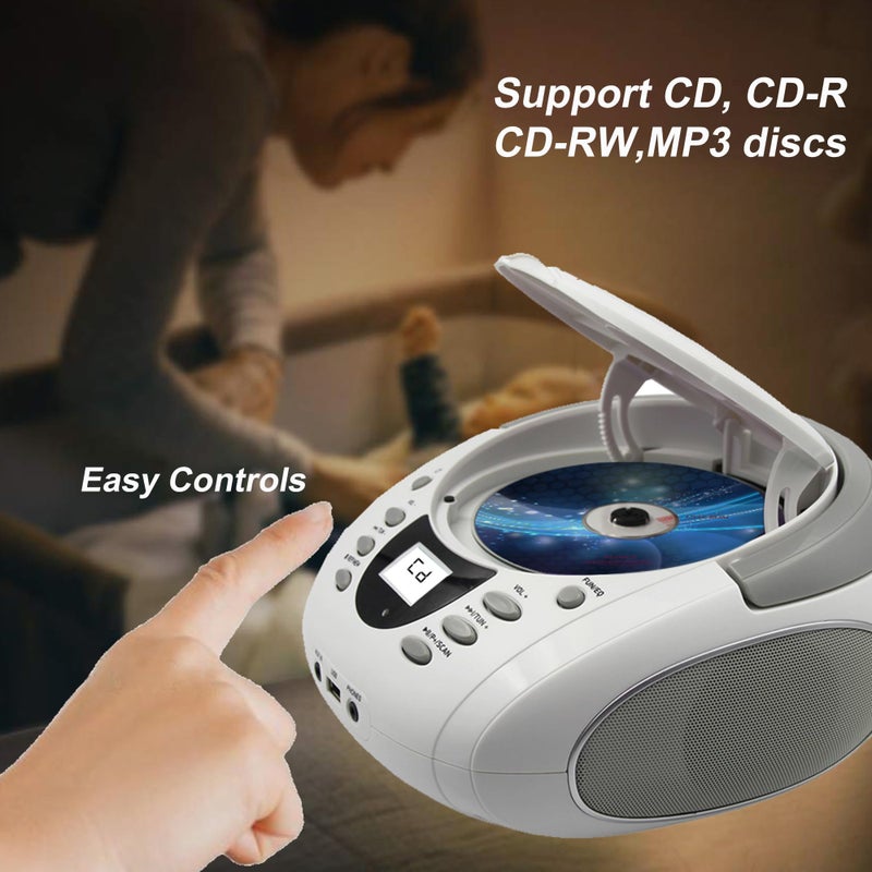 LONPOO CD Players Portable Boombox with FM Radio/USB/Bluetooth/AUX Input and Earphone Jack Output, Stereo Sound Speaker & Audio Player,White - Image 2